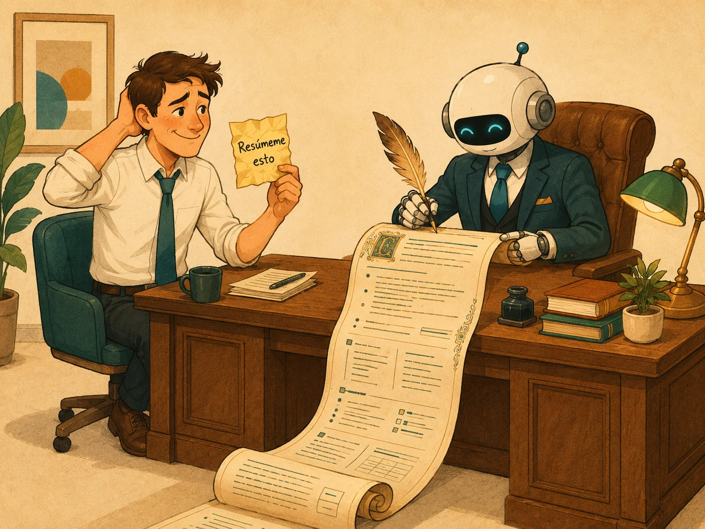 Ilustración: un robot escribe un prompt detallado mientras el humano sostiene una nota arrugada con